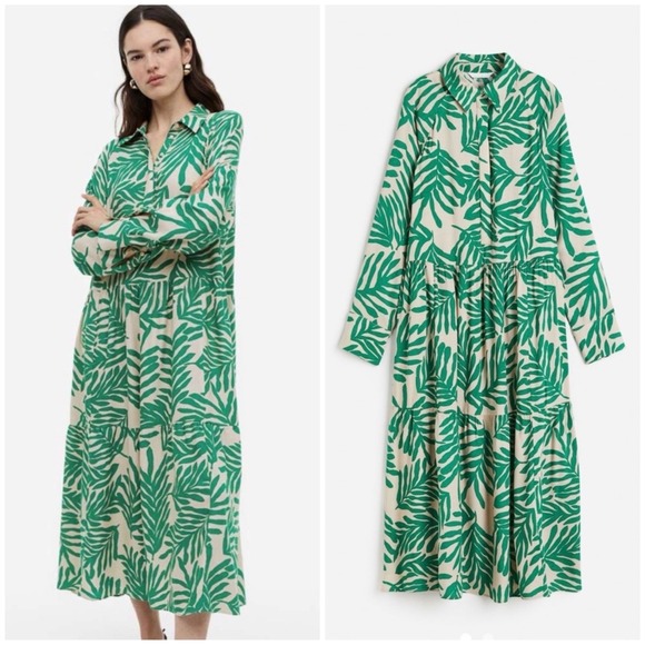 H&M Dresses & Skirts - H&M Green Leaf Print Tiered Maxi Shirt Dress Women's Size S Boho Vacation Resort